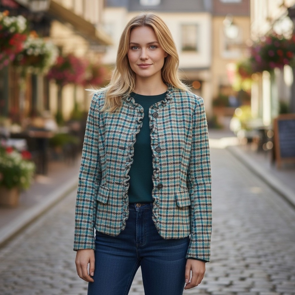 Talbots Grace‎ Fit Blazer Womens 12P Teal Brown Plaid Wool Ruffle Trim Academic